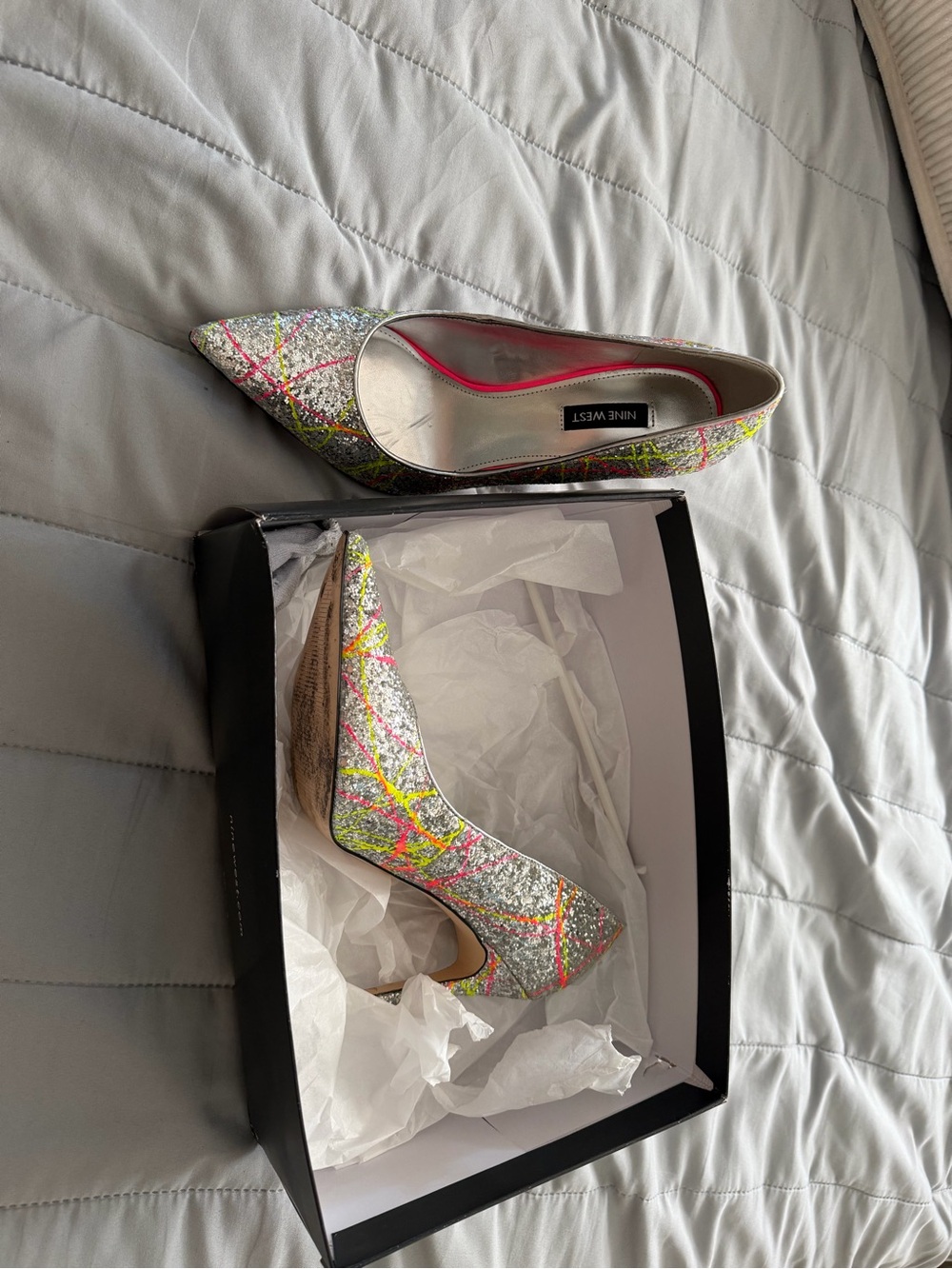Nine West Silver Glitter Pumps with Neon Pink and Neon Yellow Accents